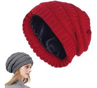 Genérico Cozy Cable Knit Beanie, Winter Chunky Stretchy Slouchy Beanie with Warm Satin Lined for Women Men (Red)