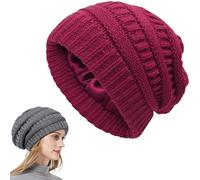 Genérico Cozy Cable Knit Beanie, Winter Chunky Stretchy Slouchy Beanie with Warm Satin Lined for Women Men (Wine Red)
