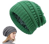 Genérico Cozy Cable Knit Beanie, Winter Chunky Stretchy Slouchy Beanie with Warm Satin Lined for Women Men (Green)
