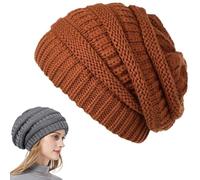 Genérico Cozy Cable Knit Beanie, Winter Chunky Stretchy Slouchy Beanie with Warm Satin Lined for Women Men (Brown)