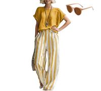 Genérico Cozy Loose-Fit Striped Cotton-Linen Two-Piece Set, Casual Shirt & Classic Wide Leg Pants Outfit, Womens Summer Travel Suit