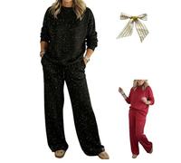 Genérico Cozy Travel Crew Neck Shiny Sweatshirt and Pant 2 Piece,Womens Sparkly Glitter Tops and Trousers Lounge Sets with pockets (FR/ES, Letras, S, Regular, Regular, Black)