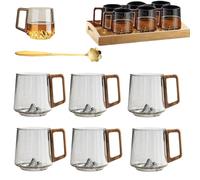 Genérico Creative Mountain Bottom Wooden Handle Glass Cup, 450ml Retro Smokey Gray Clear Slanted Coffee Cups, Heat Cold Resistant Whiskey Mug for Tea and Cocktail Lovers