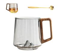 Genérico Creative Mountain Bottom Wooden Handle Glass Cup, 450ml Retro Smokey Gray Clear Slanted Coffee Cups, Heat Cold Resistant Whiskey Mug for Tea and Cocktail Lovers