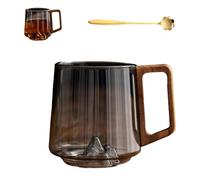Genérico Creative Mountain Bottom Wooden Handle Glass Cup, 450ml Retro Smokey Gray Clear Slanted Coffee Cups, Heat Cold Resistant Whiskey Mug for Tea and Cocktail Lovers