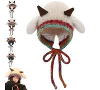 Genérico Creative Sheep Horn Beanie Hat for Women, Warm Cute Winter Crochet Hat Knit with Ear Protection Warm Headgear (Beige)