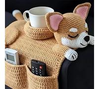 Genérico Crochet Dog Sofa Organizer - 2 Pockets and 1 Mug Holder,Dogs-Shaped Handmade Knit Armrest Caddy,3 Cute Breeds (Beagle/Corgi/Pug),Phone Snacks-Cozy Companion Vibes for Doglover (B)