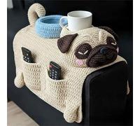 Genérico Crochet Dog Sofa Organizer,Cute Dogs-Shaped Handmade Knit Armrest Caddy,Animal Weaving Non-Slip Storage Holder Decorate with 2 Pockets and 1 Mug Holder for Living Room,Bedroom,Dorm (White)