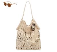 Genérico Crochet Hobo Bag for Women, Boho Woven Beach Handbags with Tassels, Casual Knitted Summer Vacation Shopping Shoulder Bag