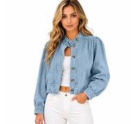 Genérico Cropped Denim Jean Jacket for Women, 2026 Fall Button Down Long Sleeve Mock Neck Casual Coat, for Work,Office,Going Out (XL,Light blue)