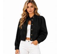Genérico Cropped Denim Jean Jacket for Women, 2026 Fall Button Down Long Sleeve Mock Neck Casual Coat, for Work,Office,Going Out (XXL,Black)
