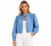 Genérico Cropped Denim Jean Jacket for Women, 2026 Fall Button Down Long Sleeve Mock Neck Casual Coat, for Work,Office,Going Out (M,Dark blue)