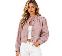 Genérico Cropped Denim Jean Jacket for Women, 2026 Fall Button Down Long Sleeve Mock Neck Casual Coat, for Work,Office,Going Out (S,Pink)