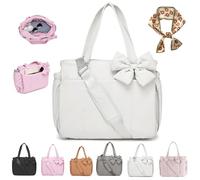 Genérico Crush Bow Tote Bag, Fluffy & Lightweight Crush Bow Tote Bag for Women, Multiple Compartments, Lightweight Shoulder Handbag for Work, Travel, Shopping (White)