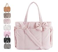 Genérico Crush Bow Tote Bag for Women, Lightweight Puffy Quilted Bow Handbag Shoulder Bag, 23L, for Work, Gym, Travel (Lotus Pink)