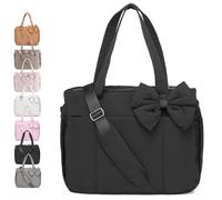 Genérico Crush Bow Tote Bag for Women, Lightweight Puffy Quilted Bow Handbag Shoulder Bag, 23L, for Work, Gym, Travel (Black)