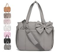 Genérico Crush Bow Tote Bag for Women, Lightweight Puffy Quilted Bow Handbag Shoulder Bag, 23L, for Work, Gym, Travel (Gray)