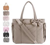 Genérico Crush Bow Tote Bag for Women, Lightweight Puffy Quilted Bow Handbag Shoulder Bag, 23L, for Work, Gym, Travel (Dark Gray)