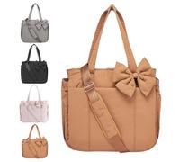 Genérico Crush Bow Tote Bag for Women,Lightweight Puffy Quilted Bow Handbag Shoulder Bag with Compartments for Daily,Work,Travel,Beach (brown)