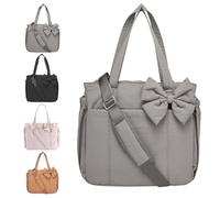 Genérico Crush Bow Tote Bag for Women,Lightweight Puffy Quilted Bow Handbag Shoulder Bag with Compartments for Daily,Work,Travel,Beach (grey)