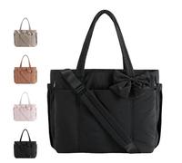 Genérico Crush Bow Tote Bag for Women, Lightweight Puffy Quilted Shoulder Bag, Large Stylish Handbag, for Women Shopping, Travel (Black)