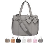 Genérico Crush Bow Tote Bag for Women, Lightweight Puffy Quilted Shoulder Handbag with Bow, Large Capacity for Work, Travel & Shopping (Gray)