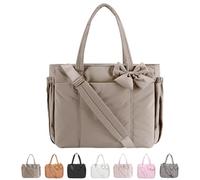 Genérico Crush Bow Tote Bag for Women, Lightweight Puffy Quilted Shoulder Handbag with Bow, Large Capacity for Work, Travel & Shopping (Khaki)