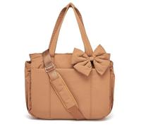 Genérico Crush Bow Tote Bag for Women - Quilted Lightweight Handbag, Stylish Bow Accent for Shopping, Travel & Daily Use (Brown)