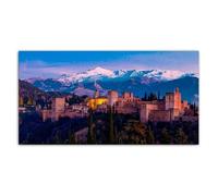 Genérico Cuadro Alhambra de Granada al Anochecer con Sierra Nevada | Impresión en Lienzo con Bastidor de Pino Macizo | Decoración Andaluza. Medidas: 50x26