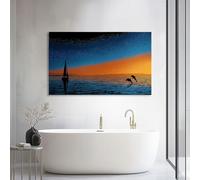 Genérico Cuadro Decorativo Moderno Anaranjado Océano Animal Delfín Velero 70l x 50an cm, Lienzo Tensado sobre Bastidor de Madera Costero para Dormitorio y Pasillo - Arte de Pared Listo para Colgar