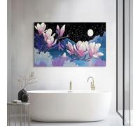 Genérico Cuadro Decorativo Moderno Azul Oriental Cielo Nocturno Luna Floral 140l x 70an cm, Lienzo Tensado sobre Bastidor de Madera Vintage para Dormitorio y Pasillo - Arte de Pared Listo para Colgar