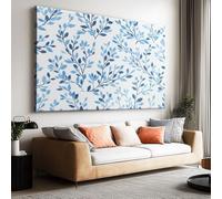 Genérico Cuadro en Lienzo Acuarela Plantas Azul Ramas Hojas con Marco Interno 120l x 80an cm, Impresión de Alta Definición Estilo Galería Escandinavo para Salón y Oficina - Arte de Pared Moderno