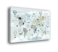 Genérico Cuadro Lienzo Canvas Infantil mapamundi en español con Animales Mapa del Mundo - Varias Medidas - Lienzo de Tela Bastidor Madera de 3 cm - Alta resolucion (80, 54)
