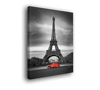 Genérico Cuadro Lienzo Canvas Torre Eiffel en Paris Blanco y Negro con Coche Rojo - Varias Medidas - Lienzo de Tela Bastidor Madera de 3 cm - Alta resolucion (39, 60)