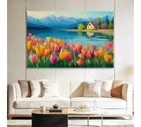 Genérico Cuadro Lienzo Decoracion Moderno Grande Tulipanes en acuarela paisaje de cabaña 90x60cm Cuadros Decorativo con Marco, Cuadro Pared para Salon Dormitorio Baño Pasillo Hogar