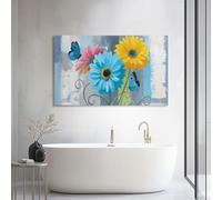 Genérico Cuadro Moderno Abstracto en Lienzo Azul Cielo Campestre Floral Girasol Mariposa 70l x 50an cm, Decoración de Pared con Bastidor de Madera Listo Campestre para Colgar para Salón y Dormitorio