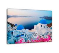 Genérico Cuadro Oia en Santorini con Cúpulas Azules - Pueblo Griego en Lienzo Canvas Premium. Medidas: 50x34