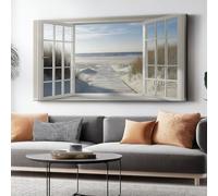 Genérico Cuadro sobre Lienzo 120 x 80 cm, Sencillo Vista Al Mar Ventanas Impresión en material tejido no tejido cuadros, Dormitorio Cocina Cuadros Pared Azul Blanco Wall Art Prints, Sin marco