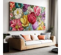 Genérico Cuadros Decorativos Modernos Rosas Margaritas Tulipanes 90x60cm Cuadro Lienzo con Marco, Impresion Grafica para Pared, Decoracion Salon Dormitorios Comedor Oficina Pasillo