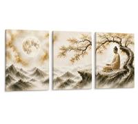 Genérico Cuadros Zen Buda Tríptico 25x60 cm - Set de 3 Lienzos de Algodón sobre Bastidor de Madera | Decoración Japandi Beige para Salón, Dormitorio, Sala Yoga, Meditación