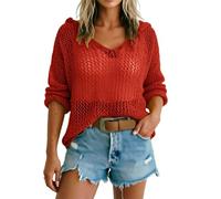 Generico Cubretraje de mujer playa camisa mujer top de ganchillo cubrehombros hecho de punto de camisetas manga corta con hombros descubiertos jersey de gran tamaño verano ligero traje de playa, rojo