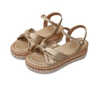 Genérico Cuñas Mujer Ortopedicas Sandalias Playa Cómodas Plus Size Chunky Sole European Style Rope Trimmed Toe Exposed Sandals Summer Single Strap Buckle Solid Color Bow Tie Flat Sandalias (Gold,39)