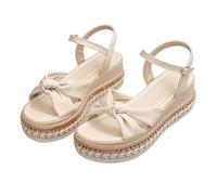Genérico Cuñas Mujer Ortopedicas Sandalias Playa Cómodas Plus Size Chunky Sole European Style Rope Trimmed Toe Exposed Sandals Summer Single Strap Buckle Solid Color Bow Tie Flat Sandalias (Beige,36)