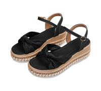 Genérico Cuñas Mujer Ortopedicas Sandalias Playa Cómodas Plus Size Chunky Sole European Style Rope Trimmed Toe Exposed Sandals Summer Single Strap Buckle Solid Color Bow Tie Flat Sandalias (Black,43)