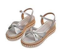 Genérico Cuñas Mujer Ortopedicas Sandalias Playa Cómodas Plus Size Chunky Sole European Style Rope Trimmed Toe Exposed Sandals Summer Single Strap Buckle Solid Color Bow Tie Flat (Silver,41)