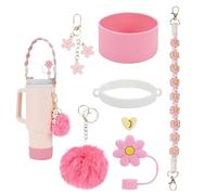 Generico Cup Accessories, Water Bottle Strap & Charm, Silicone Cup Boot with Flower Straw Lid & Plush Ball, for Home, Travel, School, Outdoor, 7 * Cup Accessories, E, riferimento alla descrizione