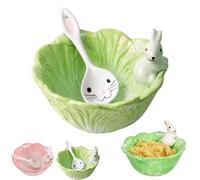 Genérico Cute Cabbage Ceramic Bowl with Spoon Bunny Bowl - Cabbage Shaped Ceramic Bowls with Handle, 850ML Microwave/Oven Safe Serving Bowls, for Rice Salad Soup Sauce (Green)