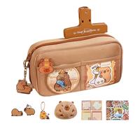 Genérico Cute Capybara Pencil Pouch, Multi-Layer Stationery Case, (8.66x4.72x2.76 Inches) Wide-Opening Pen Holder with Adorable Brooches (Brown, Zipper Closure), for School, Office, Art Supplies