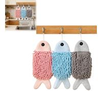 Genérico Cute Fish Shaped Hand Towels 3 Pack, Funny Absorbent Thick Kitchen Bathrooms Towel with Hanging Loop, Chenille Animal Soft Quick Drying Decorative Towels