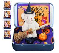Genérico Cute Halloween Teddy Bear in a Box with Witcher Miniature, Blanket, Broom, Pumpkin & Cat, Halloween Bear in a Box, Gift for Family and Friends (Beige)